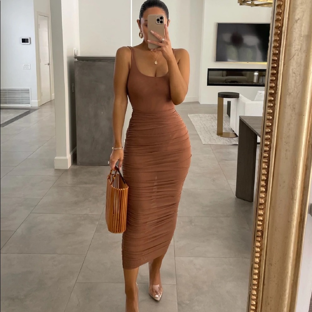 JLUXLABEL Mocha Mesh Ruched Cover Up